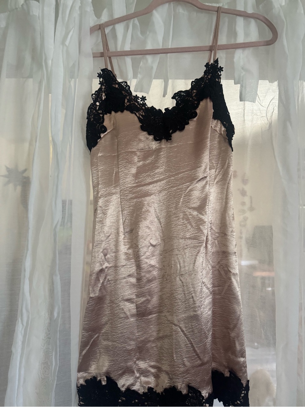 Satin Champagne Chemise with Black Lace Trim
